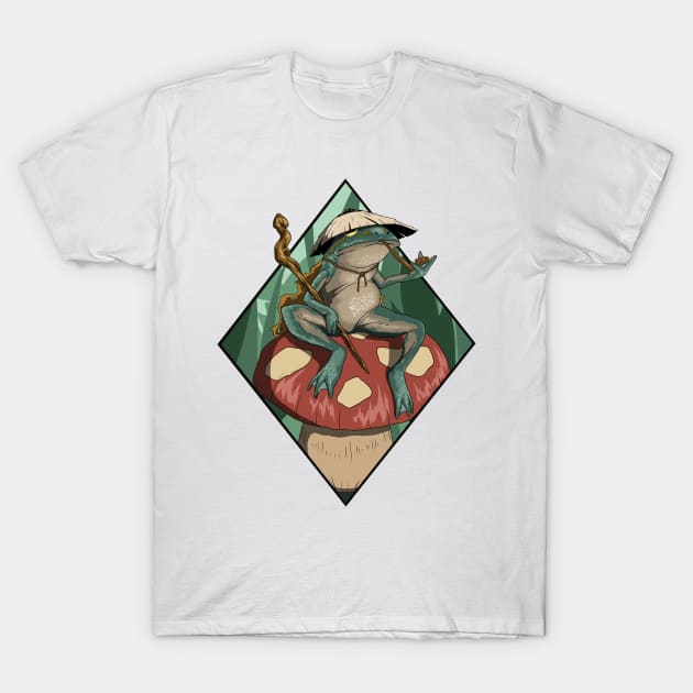 Sage frog chilling on toadstool black diamond frame version T-Shirt by NicsPics